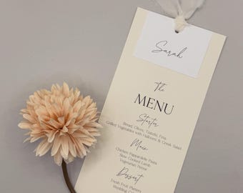 Ivory Ribbon Wedding Menu with Guest Name Tag