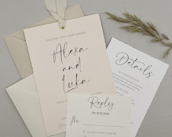 Neutral Wedding Invitation Set, Vellum Invitation, Ribbon Wedding Invite Bundle, Wedding Invitation and Envelope, QR Code