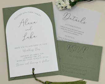 Sage Green Wedding Invitation Set, Vellum Arched Invitation, Tassel Wedding Invite Bundle, Wedding Invitation and Envelope, QR Code