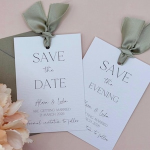 Save the Date & Save the Abendkleid – Elegantes minimalistisches Design mit Salbei-grünem Band | Hochzeit-Ankündigungs-Set | Gedruckt