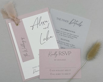 Blush Pink Wedding Invitation, Vellum Invitation Set, Ribbon Wedding Invite Bundle, Wedding Invitation and Envelope, QR Code