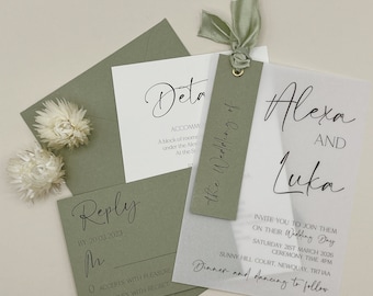 Sage Green Wedding Invitation Set, Boho Invitation Bundle, Ribbon Wedding Invite Bundle, Minimalist, QR Code