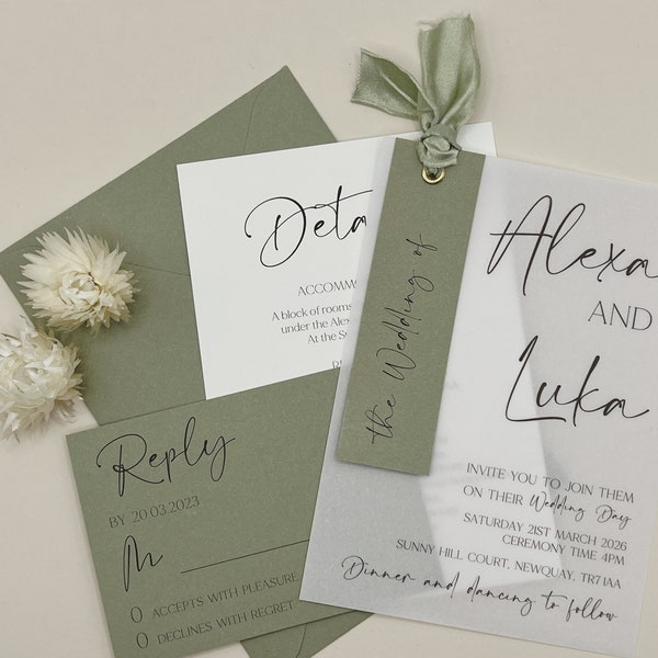 Sage Green Wedding Invitation Set, Boho Invitation Bundle, Ribbon Wedding Invite Bundle, Minimalist, QR Code