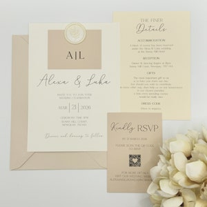 Neutral Wedding Invitation, Wedding Invitations Set, Wedding Stationary, Wedding Invitation and Envelope, QR Code image 1