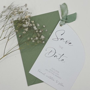 Tarjetas de invitación para guardar la fecha en verde, invitaciones para guardar la fecha con cinta, invitaciones para guardar la fecha únicas, invitaciones de boda minimalistas, invitaciones para guardar la fecha sencillas