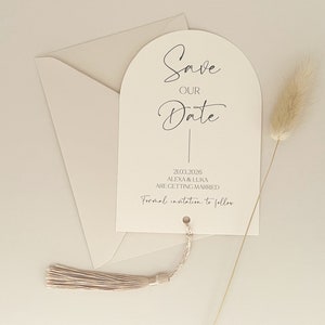 Quaste Save the Date, Speichern Sie die Datumskarten, Rustikale Save The Date, Einzigartige Save The Dates, Minimalistische Hochzeitseinladung