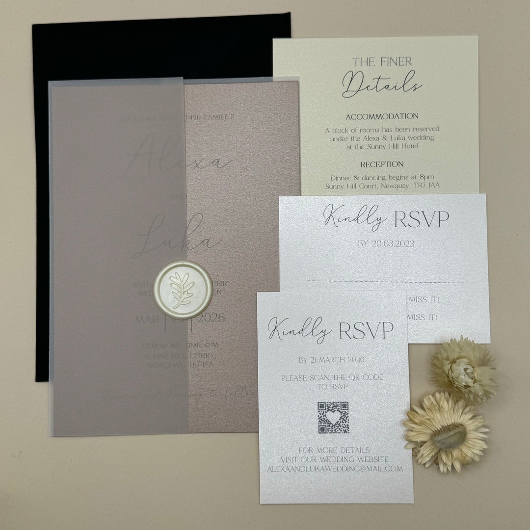 Vellum Wrap Wedding Invitation Set, Neutral Wedding Invitation, Wedding