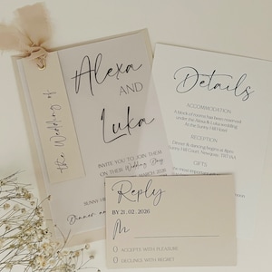 Neutrales Hochzeitseinladungs-Set, Pergamenteinladung, Band-Hochzeits-Einladungsset, Hochzeitseinladung und Umschlag, QR-Code