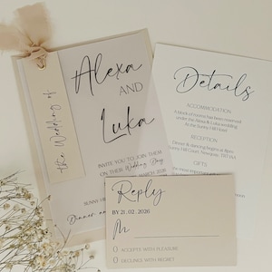 Neutral Wedding Invitation Set, Vellum Invitation, Ribbon Wedding Invite Bundle, Wedding Invitation and Envelope, QR Code