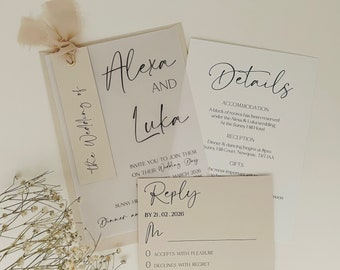 Neutral Wedding Invitation Set, Vellum Invitation, Ribbon Wedding Invite Bundle, Wedding Invitation and Envelope, QR Code