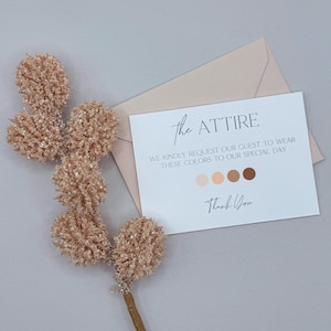 Código de vestimenta de boda, paleta de colores de la tarjeta de vestimenta de boda, tarjeta de colores, tarjeta de código de vestimenta de invitados