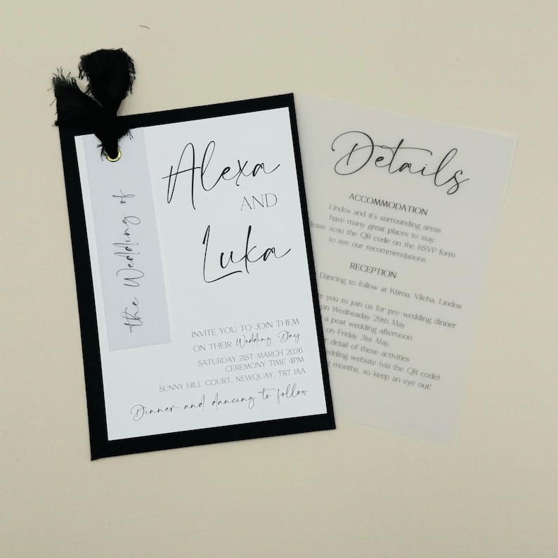 Elegant Wedding Invitation Set, Vellum Invitation, Ribbon Wedding Invite Bundle, Wedding Invitation and Envelope, Minimalist, QR Code image 4