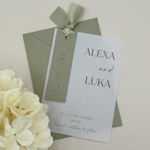 Tarjetas para guardar la fecha en color verde salvia, tarjetas para guardar la fecha con cinta, tarjetas rústicas para guardar la fecha, invitación de boda minimalista, simple, única, vegetación