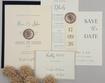 Suite met minimale huwelijksuitnodiging met lakzegel