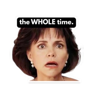May include: A sticker featuring a woman with a surprised expression, wide eyes, and an open mouth. Above her head is a black rectangle with the words "the WHOLE time." printed in white.