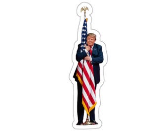 Trump Hugging American Flag Sticker, Patriotic USA Vinyl Decal