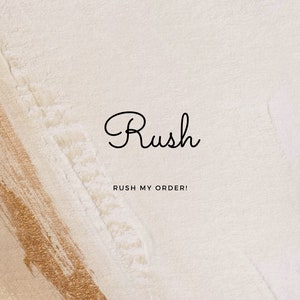 May include: A white background with a gold brushstroke. The text "Rush" is written in black cursive font. Below the text is the phrase "Rush My Order!" in black font.