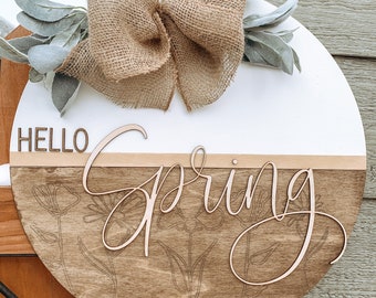 Engraved Floral Spring Door Hanger with Burlap Bow