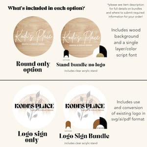 May include: An informational graphic displays options for custom signs. The signs feature a wood background and a single-layer script font. The options include a round-only sign, a sign with a stand, and a logo sign with or without a stand. Text includes "Kodi's Place".