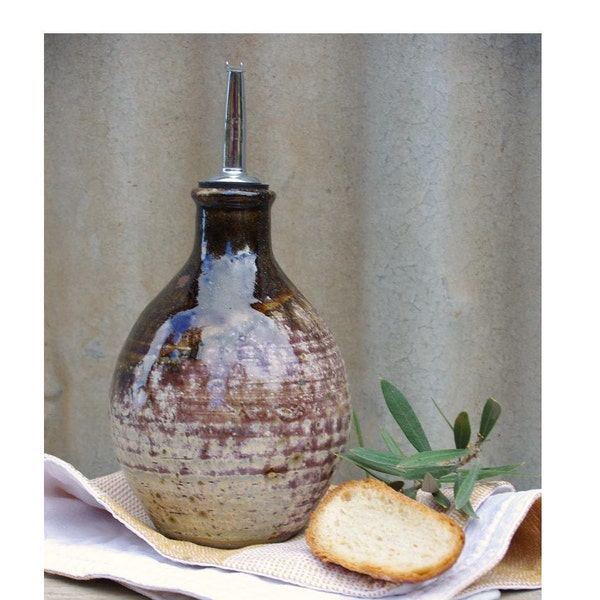 Oil bottle, handmade stoneware pottery, in earthy natural glaze, with metal pourer