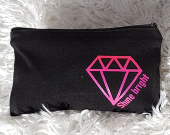 BLACK MAKEUP BAG with diamond, cotton cosmetics zipper pouch, small black toiletry bag