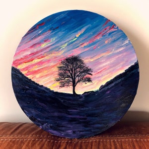 ORIGINAL ART Sycamore Gap Hadrian’s Wall Northumberland acrylic painting round canvas 30cm 12” landscape neon sunset