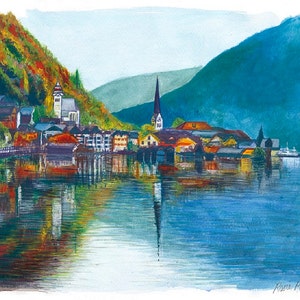 Hallstatt, Austria. A3 or A4 Giclee Print Gouache & Acrylic on paper 12x16&quot; 8x12&quot; mountains lake reflections landscape painting art