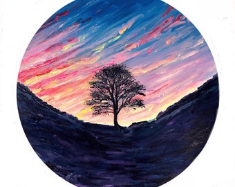 Sycamore Gap 12x12” giclée print Northumberland acrylic on paper art sunset round circle landscape painting