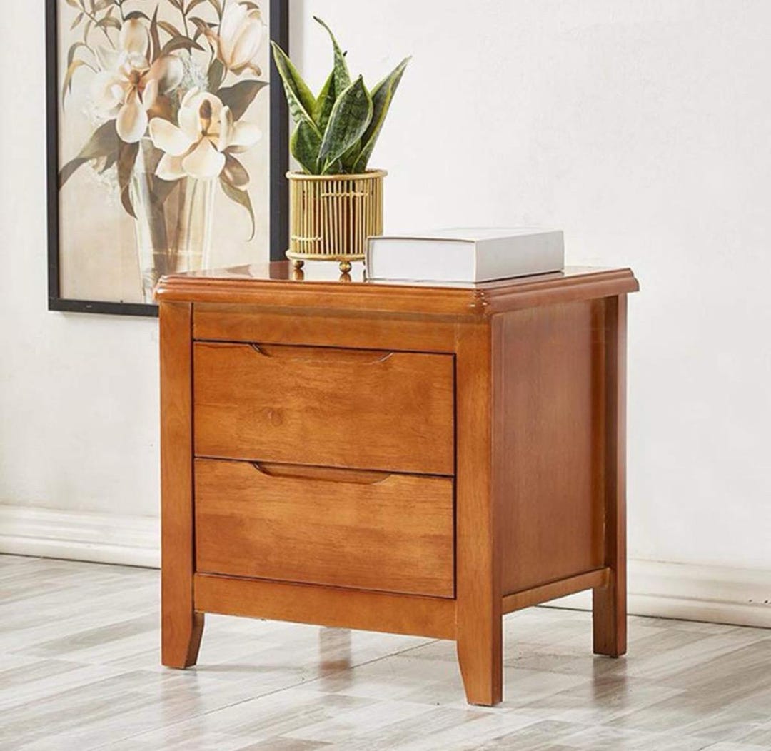 Solid Wood Bedside Cabinet Simple Modern Bedroom With 2 Storage Drawers ...