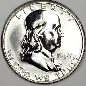 1957 Franklin 90% Silver Dollar Half Uncirculated Proof Cameo Appearance Coin wybity w Filadelfii