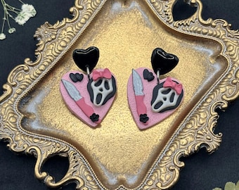 Black & Pink Heart Ghost Earrings: Handmade Horror Jewelry