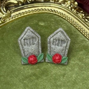 Graveyard RIP Headstone Stud Earrings with Red Roses - Handcrafted Gothic Jewelry - Elegantly Macabre Accessories