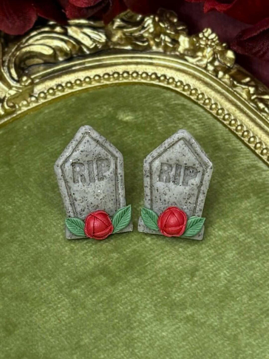 Graveyard RIP Headstone Stud Earrings With Red Roses - Handcrafted ...