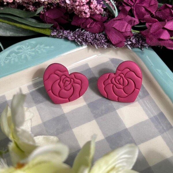 Pink Rose-Inscribed Stud Earrings - Handmade Floral Statement Jewelry - Elegant Pink Rose Accessories