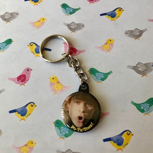 May include: A round keychain with a metal ring and chain. The keychain features a button with a portrait of a person with the text "Po-Ta-Toes!". The background is a pattern of colorful birds.