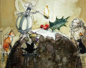 Emily Kapff 'The Christmas Pudding' signiert und montiert Giclée-Fee Druck 29,7cm x 29,7cm Weihnachten Geburtstag