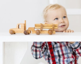 Log Truck with Cargo - Boy Birthday Gift - Wooden Push Toy - Natural, Toddler Gift - Wooden Car - Toddler Boy Gift - Kids Christmas Gift