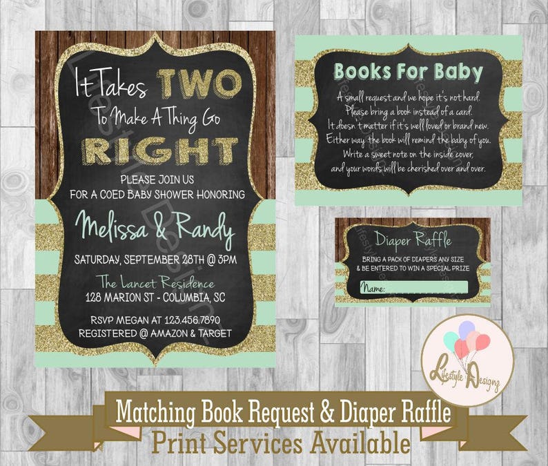 Coed Baby Shower Invitation It Takes Two Joint Vintage Invite Shabby Chic Gold Printable