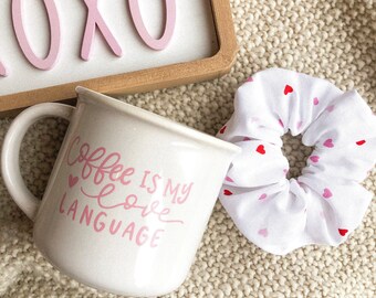 Valentine’s Day Bundle, Coffee Mug, Heart Scrunchie, Coffee is my Love Language, White Mug, White and Pink Mug, Coffee Cup