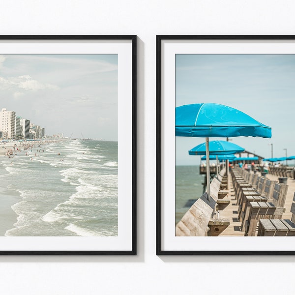 Garden City Pier, Set of 2, Myrtle Beach Sc Print, Beach House Decor, Beach Umbrella Print, Coastal Wall Art, Murrells Inlet, Coastal Decor