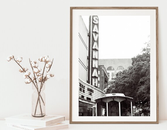 Savannah Print, Vintage Theatre, Bull Street, Savannah Georgia, Fine Art Print, Black & White Wall Art, Southern Home Decor, Trolley
