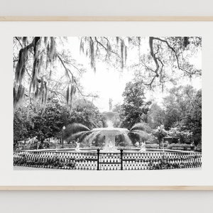 May include: A black and white photograph of a fountain in a park. The fountain is surrounded by trees and a wrought iron fence. The fountain is in the center of the image and the trees are on either side of it.