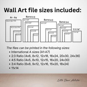 May include: Diagram showing various wall art file sizes, including A1-A4, 2:3, 4:5, 3:4 ratios, and 11x14 inches. The text lists the sizes available for printing, such as 24x36 inches, 20x30 inches, and 16x24 inches.