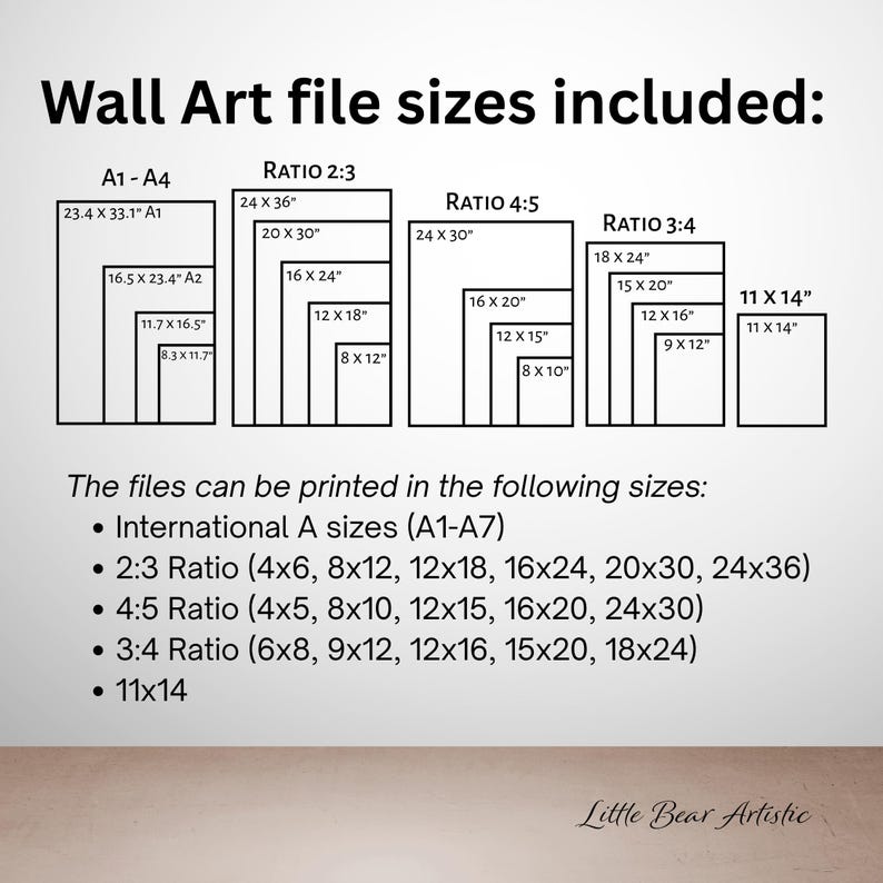 May include: Diagram showing various wall art file sizes, including A1-A4, 2:3, 4:5, 3:4 ratios, and 11x14 inches. The text lists the sizes available for printing, such as 24x36 inches, 20x30 inches, and 16x24 inches.
