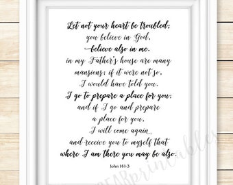 John 14:1-3, printable wall art, Bible Verse quote, Let not your heart be troubled, home decor print, In my Father's house are many mansions