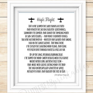 Luchtvaartcitaat, afdrukbare muurkunst, afdrukbaar gedicht High Flight, Oh ik heb de norse banden van de aarde losgelaten, cadeau voor piloot, ik hou van vliegen