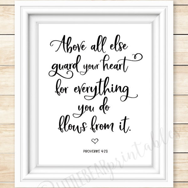 Bible verse printable, Proverbs 4:23, Above all else guard your heart, inspiring quote, Christian wall art, Scripture verse, dorm room decor