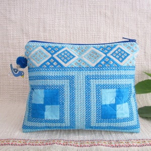 Square embroidered Pouch Blue