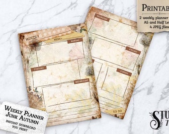 Planner Junk Journal Kit, Vintage, Neutral, Shabby, Printable, Monthly, Weekly, Calendar, Planner Pages, Planner Inserts, Ephemera, Digital