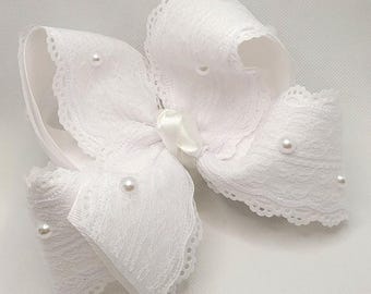 Lazo de encaje blanco y perlas: Lazo de dedicación, lazo de bautismo, lazo de boda.